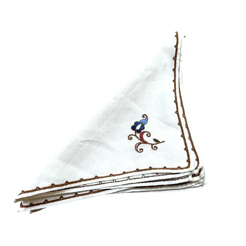 Vintage cocktail napkins (6) cream linen blend squares small floral embroidery